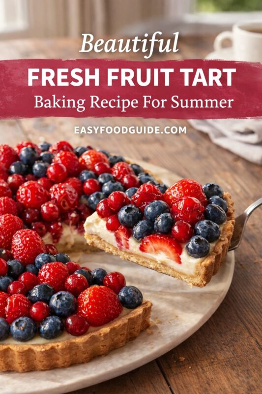 A summer-themed food graphic from EASYFOODGUIDE.COM titled “Beautiful FRESH FRUIT TART — Baking Recipe For Summer.” Shows a whole berry-topped tart on marble, with one slice lifted by server, revealing creamy filling and golden crust. Berries include strawberries, blueberries, raspberries, and red currants. Warm wooden table background; coffee cup softly blurred behind.