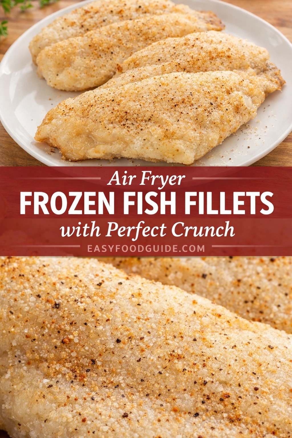 Top: Four golden-brown breaded fish fillets on a white plate, lightly seasoned with black pepper and herbs. Bottom: Close-up of crispy, textured breading on a fillet — fine crumbs, flecks of spice, even coating. Red banner overlay reads: “Air Fryer FROZEN FISH FILLETS with Perfect Crunch EASYFOODGUIDE.COM”. Warm wood background, bright lighting highlights crunchiness — ideal for quick, satisfying seafood meals made easy in an air fryer.