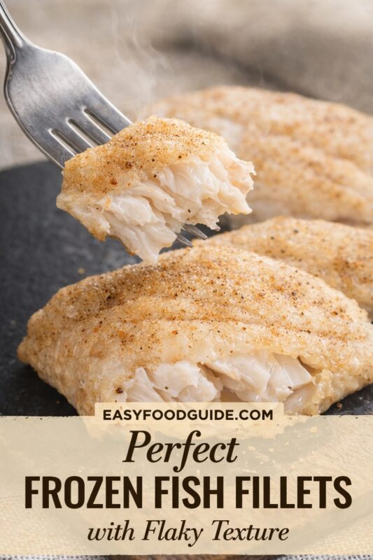 Close-up of a fork lifting a steaming, flaky bite from a seasoned frozen fish fillet — golden crust with black pepper and spices, tender white flesh pulling apart easily. Two more fillets rest on dark slate below. Text overlay: “EASYFOODGUIDE.COM Perfect FROZEN FISH FILLETS with Flaky Texture”. Soft-focus background, warm lighting emphasizes moisture and texture — ideal for quick, restaurant-quality seafood at home.