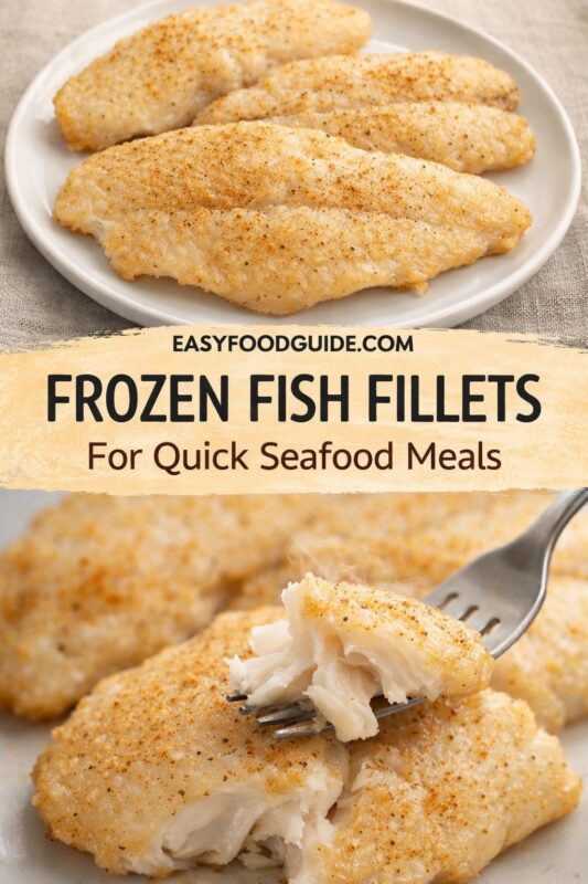 Top: Four golden, seasoned frozen fish fillets arranged on a white plate over textured linen. Bottom: Close-up of fork flaking steaming, tender white fish — crispy exterior with visible seasoning. Text overlay: “EASYFOODGUIDE.COM FROZEN FISH FILLETS For Quick Seafood Meals”. Warm lighting highlights texture and ease — perfect for fast, flavorful seafood dinners straight from the freezer.