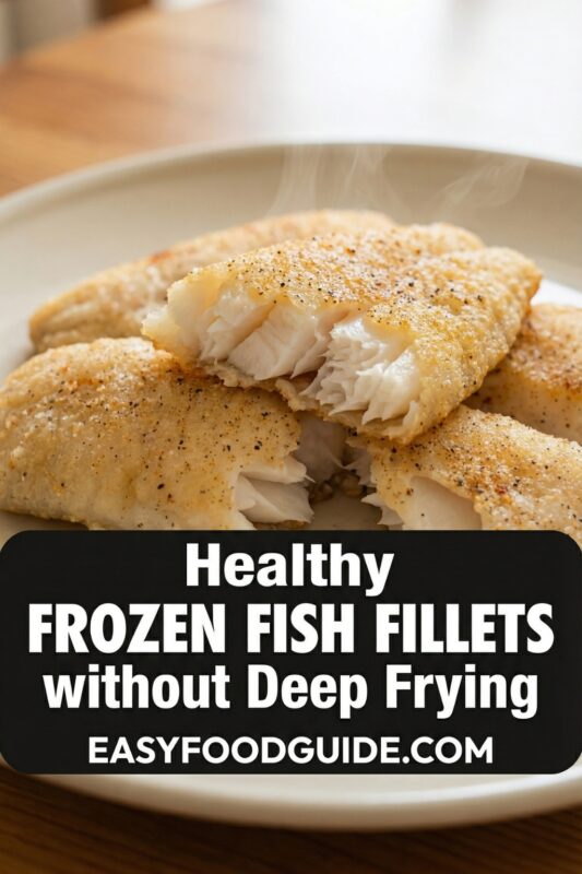 Steaming, golden-brown frozen fish fillets on a beige plate — one broken open to reveal flaky white interior, seasoned with black pepper and spices. Soft steam rises, suggesting warmth and freshness. Black text overlay: “Healthy FROZEN FISH FILLETS without Deep Frying EASYFOODGUIDE.COM”. Wooden table background, natural lighting highlights texture — emphasizes wholesome, easy preparation for guilt-free seafood meals.