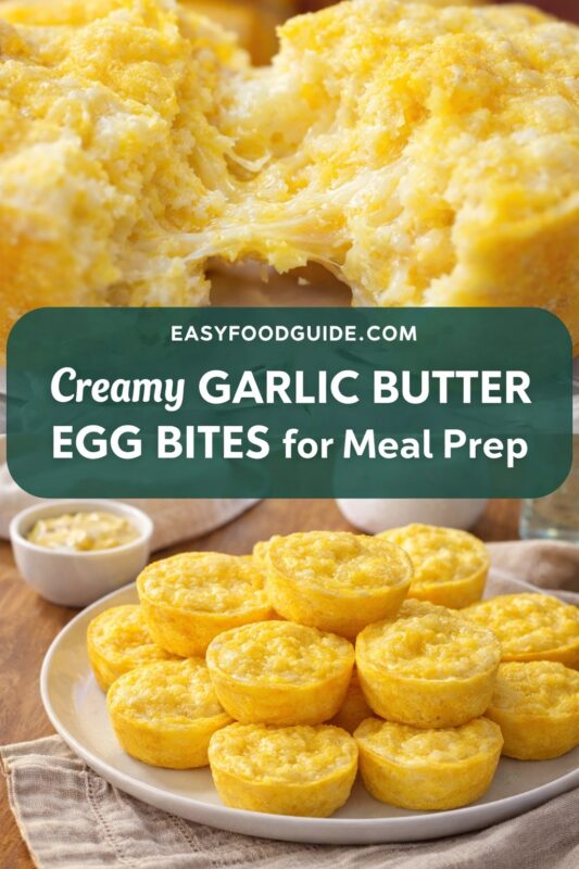 This image from EASYFOODGUIDE.COM showcases “Creamy GARLIC BUTTER EGG BITES for Meal Prep.” Top: close-up of a golden, cheesy egg bite being pulled apart, revealing stretchy melted cheese. Bottom: plate piled with mini baked egg cups, glossy and yellow, beside small bowl of garlic butter sauce. Rustic wood table and linen napkin complete the meal-prep scene.