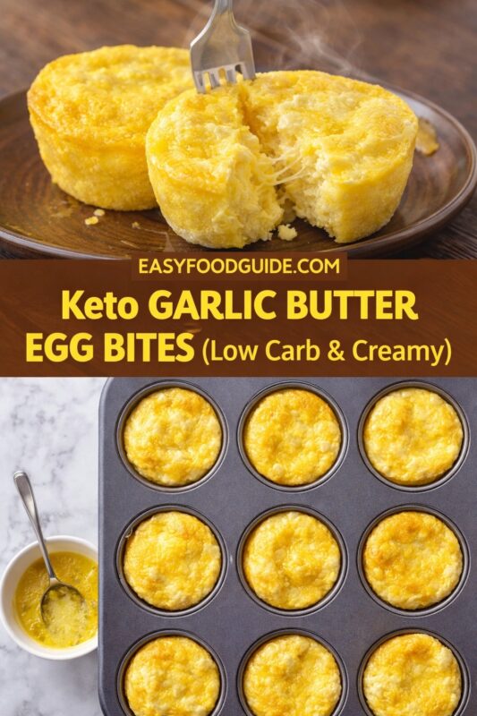 This image from EASYFOODGUIDE.COM showcases “Keto GARLIC BUTTER EGG BITES (Low Carb & Creamy).” Top: steaming egg bite split open with fork, revealing gooey cheese interior on wooden plate. Bottom: muffin tin filled with 9 golden baked egg bites; beside it, small bowl of garlic butter sauce with spoon. Clean marble background emphasizes keto-friendly appeal.