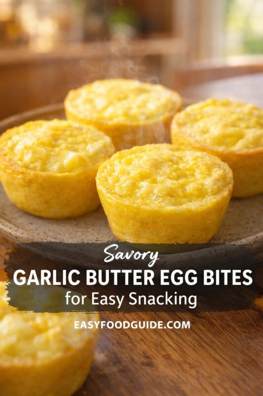 This image from EASYFOODGUIDE.COM features “Savory GARLIC BUTTER EGG BITES for Easy Snacking.” Four golden, steaming egg bites rest on a rustic ceramic plate atop a wooden table. Soft natural light highlights their fluffy texture and buttery sheen. Text overlay in white script and bold font emphasizes savory flavor and snack convenience — ideal for quick meals or keto-friendly options.