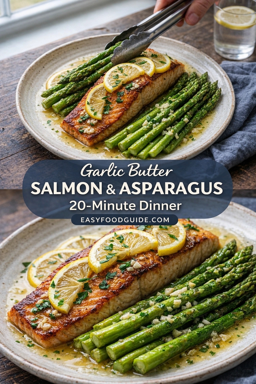 Two plates of garlic butter salmon and asparagus, garnished with lemon slices and chopped parsley. Top plate shows tongs placing lemon on salmon; bottom plate is a close-up. Text overlay: “Garlic Butter SALMON & ASPARAGUS 20-Minute Dinner EASYFOODGUIDE.COM”. Rustic wood table, glass of water with lemon in background. Bright, appetizing food photography.