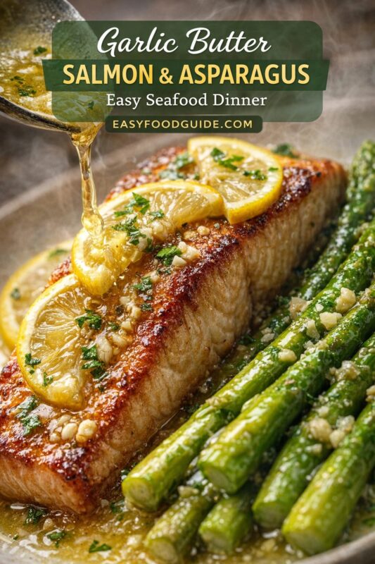 Close-up of seared salmon fillet topped with lemon slices, minced garlic, and parsley. Golden garlic butter is being poured over it from a spoon. Bright green asparagus spears lie beside the fish, also glistening with sauce. Text overlay: “Garlic Butter SALMON & ASPARAGUS Easy Seafood Dinner EASYFOODGUIDE.COM”. Steam rises slightly; warm, inviting lighting highlights textures and glossiness of the dish.