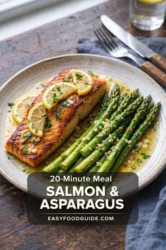 Seared salmon fillet topped with lemon slices, minced garlic, and parsley, served alongside vibrant green asparagus spears in a buttery sauce on a rustic ceramic plate. Wooden-handled fork and knife rest beside the plate on a dark wood table with a gray napkin and glass of water nearby. Text overlay: “20-Minute Meal SALMON & ASPARAGUS EASYFOODGUIDE.COM”. Warm, natural lighting highlights textures and freshness — ideal for quick, wholesome dinners.