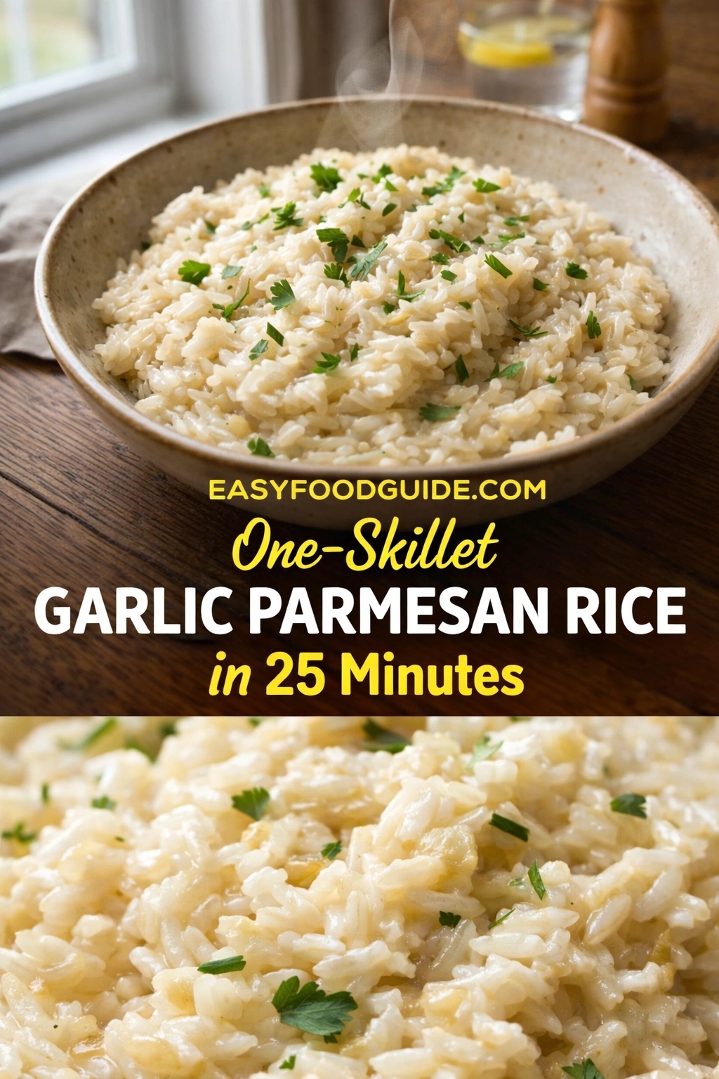Split-image food photo: Top half shows a steaming bowl of creamy Garlic Parmesan Rice garnished with chopped parsley, set on a wooden table near a window; bottom half is a close-up highlighting the rich texture and melted cheese in the rice. Overlay text reads: “EASYFOODGUIDE.COM — One-Skillet GARLIC PARMESAN RICE in 25 Minutes” in bold yellow and white fonts. Warm, rustic lighting emphasizes comfort and simplicity — ideal for quick weeknight dinners or one-pot meal inspiration.