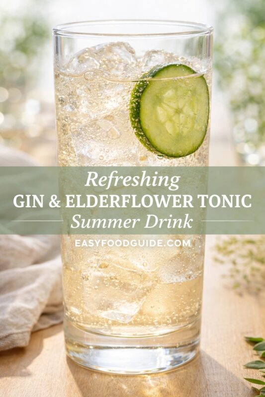 This image from EASYFOODGUIDE.COM showcases a “Refreshing GIN & ELDERFLOWER TONIC Summer Drink.” A tall glass filled with ice, bubbly tonic, and gin is garnished with a crisp cucumber slice. Sunlight glints off condensation on the glass; soft greenery and linen napkin frame it on wood surface. Evokes cool, floral summer refreshment — light, elegant, seasonal.