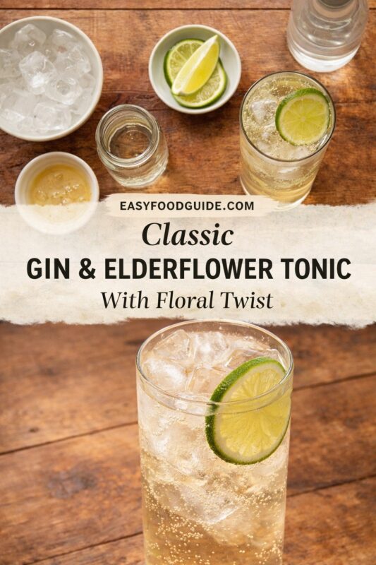 gin-elderflower-tonic-2 This image from EASYFOODGUIDE.COM presents “Classic GIN & ELDERFLOWER TONIC With Floral Twist.” Two tall glasses filled with ice, sparkling tonic, and gin are garnished with lime slices. Surrounding ingredients: bowl of ice, elderflower syrup, gin bottle, lime wedges — all arranged on rustic wood. Text overlay highlights floral twist on classic cocktail — refreshing, elegant, homemade.