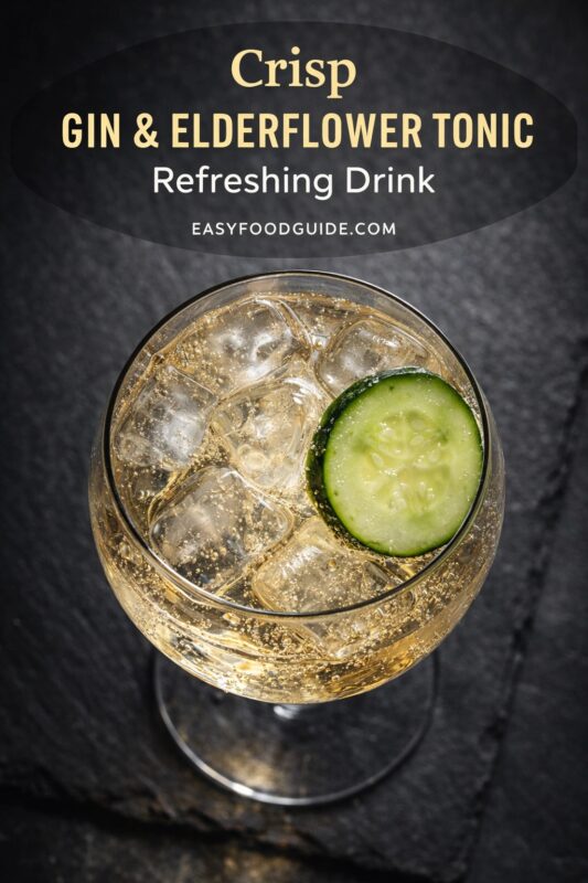 gin-elderflower-tonic-3 This image from EASYFOODGUIDE.COM features a “Crisp GIN & ELDERFLOWER TONIC Refreshing Drink.” Top-down view of a stemmed glass filled with ice, bubbly golden tonic, and garnished with a fresh cucumber slice. Set on dark slate background for contrast. Text overlay in gold and white emphasizes crispness and refreshment — elegant, light, perfect for warm days or sophisticated sipping.
