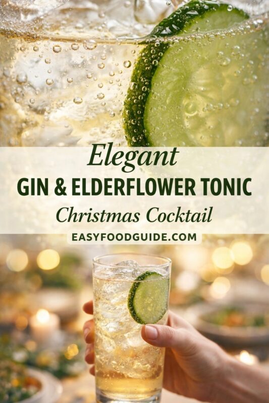 gin-elderflower-tonic-4 This image from EASYFOODGUIDE.COM presents an “Elegant GIN & ELDERFLOWER TONIC Christmas Cocktail.” Top: close-up of sparkling drink with cucumber slice and rising bubbles. Bottom: hand holds tall glass against warm, bokeh-lit holiday backdrop — candles, greenery, festive glow. Text overlay in dark green script and bold font evokes seasonal sophistication — light, floral, celebratory.