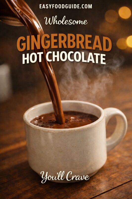 Steaming mug of wholesome gingerbread hot chocolate being poured, rich and dark with rising steam. Text: “Wholesome Gingerbread Hot Chocolate – You’ll Crave” + EASYFOODGUIDE.COM. Warm wooden table, soft bokeh lights in background — cozy, comforting drink moment.