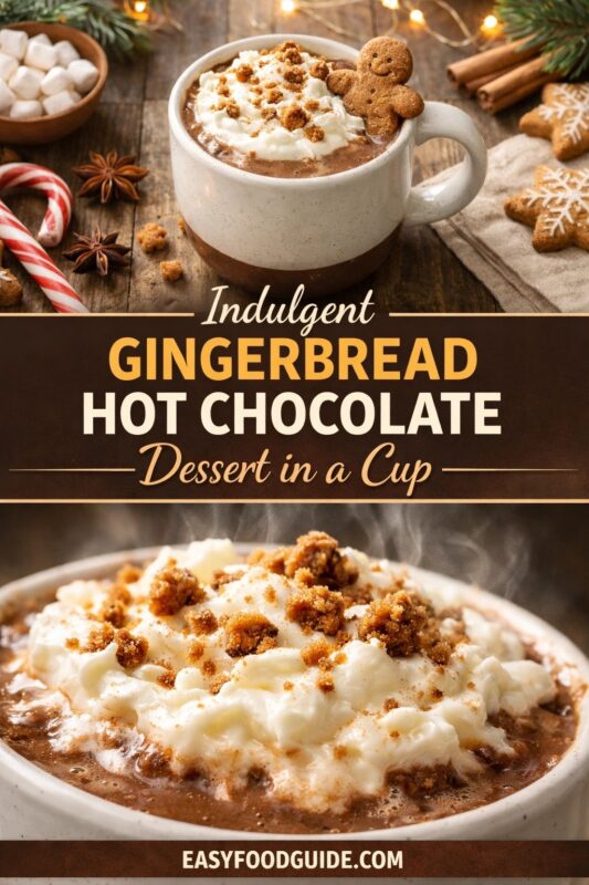 Two images of indulgent gingerbread hot chocolate: top shows mug with whipped cream, gingerbread man, cinnamon sticks, candy canes; bottom is close-up of steaming cocoa topped with whipped cream and crumbled cookie. Text: “Indulgent Gingerbread Hot Chocolate – Dessert in a Cup” + EASYFOODGUIDE.COM. Festive holiday setting with pine, star anise, warm lights.