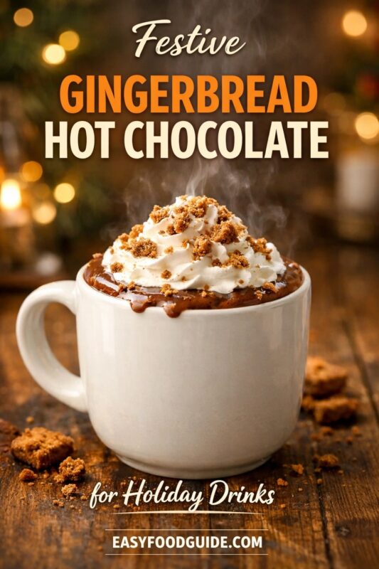 Festive gingerbread hot chocolate in a white mug: steaming, topped with whipped cream and crumbled gingerbread cookie. Scattered crumbs on rustic wood table; blurred holiday lights and tree in background. Text: “Festive Gingerbread Hot Chocolate – for Holiday Drinks” + EASYFOODGUIDE.COM. Warm, cozy, seasonal treat.
