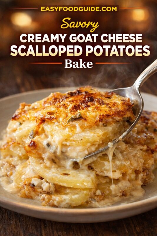 goat-cheese-scalloped-potatoes-2 Savory creamy goat cheese scalloped potatoes bake: steaming, golden-brown layered dish with melted cheese oozing from a spoonful. Thin potato slices nestled in rich sauce, topped with crispy crust and herbs. Text: “Savory Creamy Goat Cheese Scalloped Potatoes Bake” + EASYFOODGUIDE.COM. Warm wood table, soft bokeh lights — decadent, comforting side or main for gatherings.