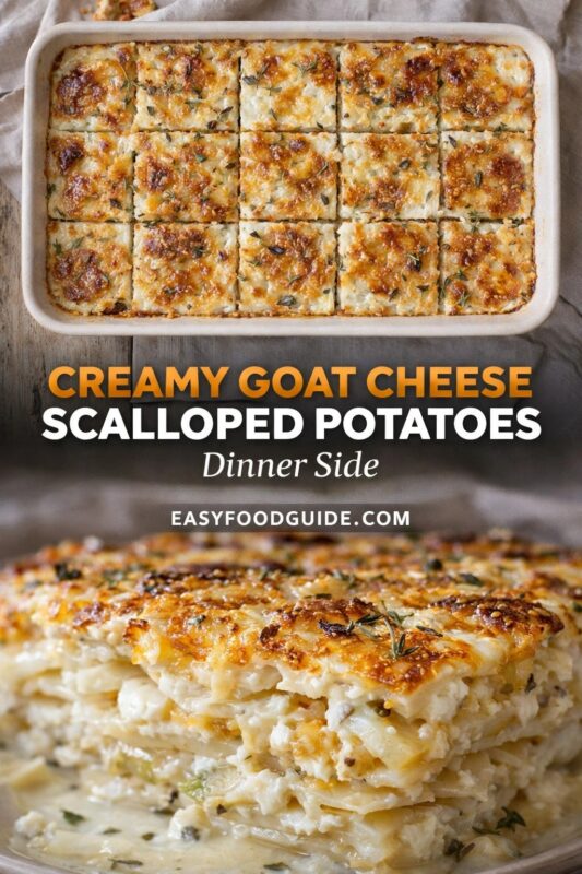 goat-cheese-scalloped-potatoes-3 Two images of creamy goat cheese scalloped potatoes: top shows baked casserole cut into neat squares, golden and herb-speckled; bottom reveals layered interior with rich, cheesy sauce. Text: “Creamy Goat Cheese Scalloped Potatoes – Dinner Side” + EASYFOODGUIDE.COM. Rustic linen backdrop — elegant, comforting side dish perfect for holidays or Sunday dinners.