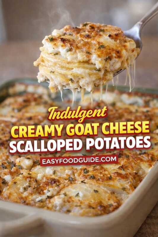 goat-cheese-scalloped-potatoes-4 Indulgent creamy goat cheese scalloped potatoes: spoon lifts a steaming, cheesy portion from beige ceramic baking dish — layers of tender potato slices bound in rich sauce, topped with golden crust and fresh thyme. Melted cheese stretches dramatically. Text: “Indulgent Creamy Goat Cheese Scalloped Potatoes” + EASYFOODGUIDE.COM. Luxurious, comforting side or main — perfect for special occasions or treating yourself on weeknights.