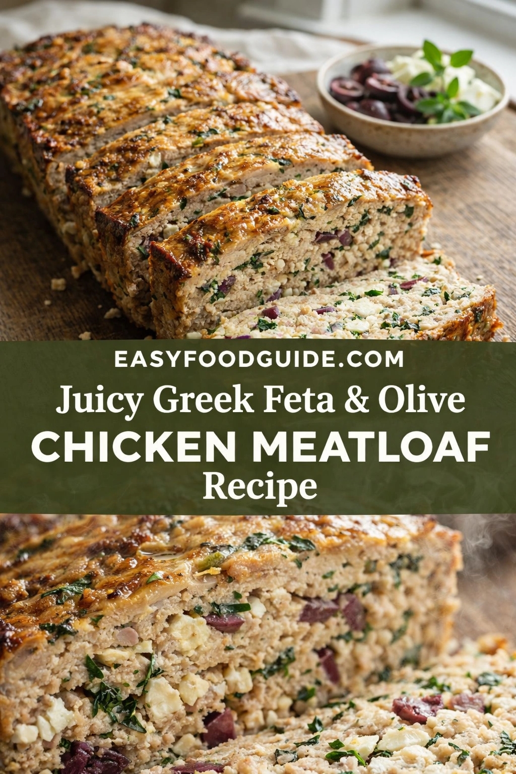 Sliced Greek chicken meatloaf with visible feta, kalamata olives, and herbs, golden-brown crust. Top view shows full loaf; bottom close-up reveals moist interior. Small bowl of olives and feta in background. Text overlay: “EASYFOODGUIDE.COM Juicy Greek Feta & Olive CHICKEN MEATLOAF Recipe”. Rustic wood surface, warm lighting — hearty, flavorful Mediterranean-inspired dish.