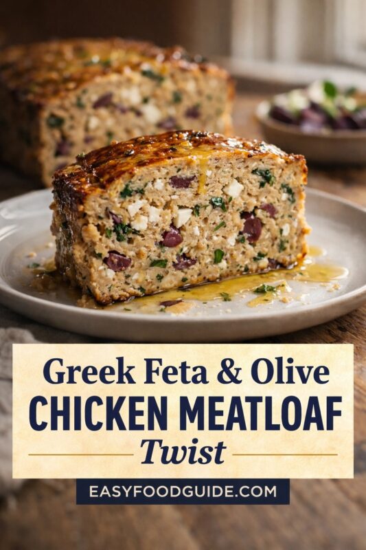 A thick slice of Greek-style chicken meatloaf sits on a ceramic plate, showcasing its moist interior studded with white feta cheese cubes, dark kalamata olives, and chopped green herbs. The top is glazed and golden brown. In the background, the rest of the loaf and a small bowl of salad are softly blurred. Text overlay reads: “Greek Feta & Olive CHICKEN MEATLOAF Twist” and “EASYFOODGUIDE.COM”. Warm lighting highlights the savory textures and Mediterranean flavors.