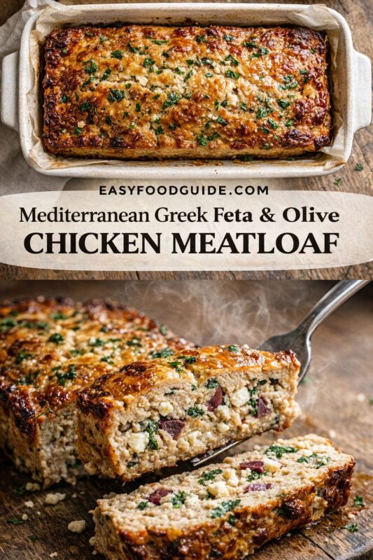 Top: Whole baked chicken meatloaf in parchment-lined ceramic dish, golden-brown crust sprinkled with herbs. Bottom: Steaming slice lifted by fork, revealing moist interior with feta, olives, and greens; another slice rests below on wood surface. Text overlay: “EASYFOODGUIDE.COM Mediterranean Greek Feta & Olive CHICKEN MEATLOAF”. Warm, rustic presentation highlights savory texture and Mediterranean flavors — perfect for hearty, flavorful dinners.