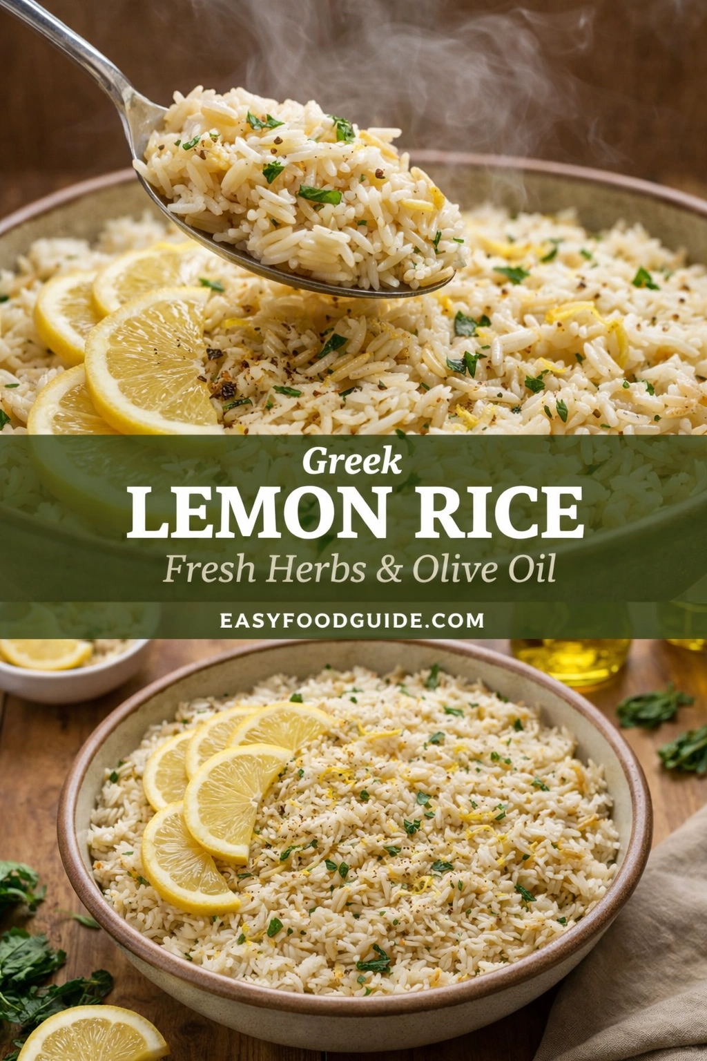 Top: Spoon lifts steaming Greek lemon rice — fluffy grains with herbs, zest, and pepper; lemon slices in bowl below. Bottom: Full serving bowl garnished with lemon wedges, fresh parsley, olive oil bottle nearby. Text overlay: “Greek LEMON RICE Fresh Herbs & Olive Oil” + “EASYFOODGUIDE.COM” on green banner. Warm rustic lighting; wooden surface with scattered herbs and linen napkin.
