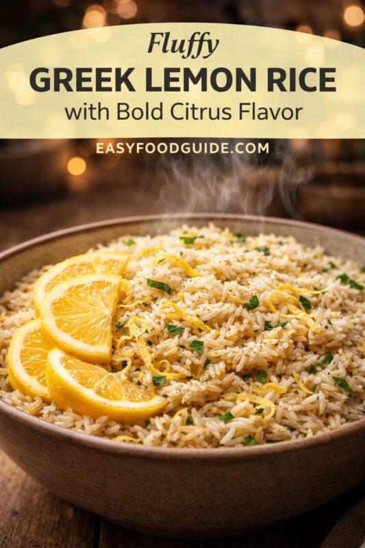 Steaming bowl of fluffy Greek lemon rice — tender grains flecked with fresh parsley, bright yellow zest, and black pepper. Three vibrant lemon slices rest atop the rice in a rustic ceramic bowl. Warm bokeh background suggests cozy ambiance. Text overlay: “Fluffy GREEK LEMON RICE with Bold Citrus Flavor” + “EASYFOODGUIDE.COM” on cream banner at top. Inviting aroma implied by rising steam; rich citrus visuals dominate.