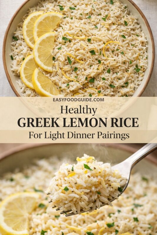 Top: Overhead view of Greek lemon rice in ceramic bowl — fluffy grains with chopped parsley, lemon zest, and four bright lemon slices. Bottom: Fork lifts steaming bite showing texture, herbs, and zest; more rice and lemon slice blurred below. Text overlay: “EASYFOODGUIDE.COM” above “Healthy GREEK LEMON RICE For Light Dinner Pairings” on cream banner. Clean, fresh lighting; neutral linen background emphasizes vibrant citrus and green herbs.