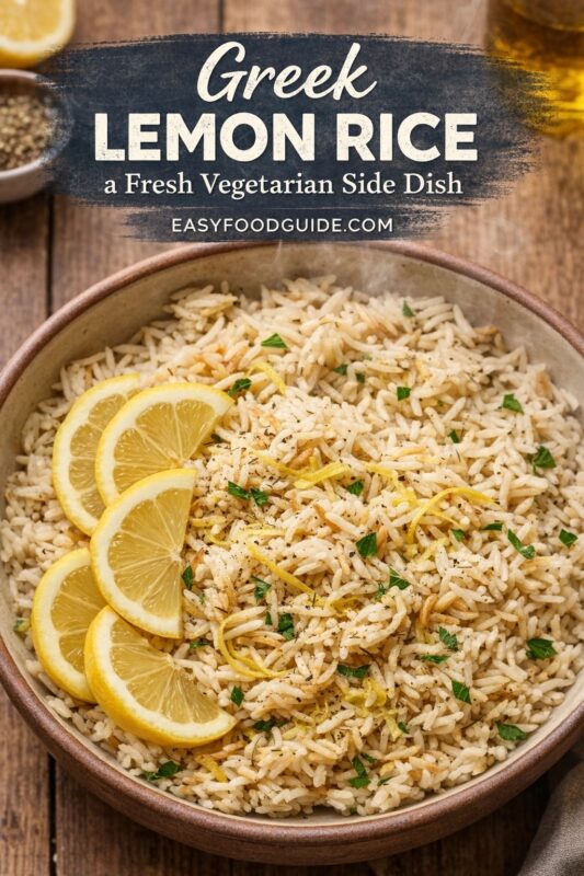 Steaming bowl of Greek lemon rice — fluffy grains tossed with fresh parsley, bright yellow zest, black pepper, and toasted orzo. Five vibrant lemon slices fan along the edge in a rustic ceramic bowl on wood surface. Text overlay: “Greek LEMON RICE a Fresh Vegetarian Side Dish” + “EASYFOODGUIDE.COM” on dark brushstroke banner at top. Olive oil bottle and spice jar softly blurred in background; warm, inviting lighting highlights texture and citrus freshness.