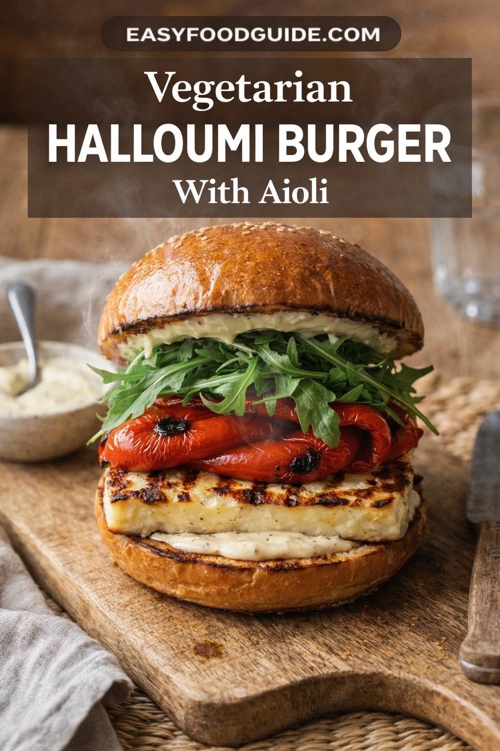 A steaming vegetarian halloumi burger sits on a wooden board: toasted sesame bun, creamy aioli, fresh arugula, charred red peppers, and grilled halloumi cheese with dark grill marks. A small bowl of aioli with spoon rests beside it; knife handle visible right. Text overlay reads “EASYFOODGUIDE.COM Vegetarian HALLOUMI BURGER With Aioli” in white font over semi-transparent dark banner at top. Warm rustic lighting enhances textures.