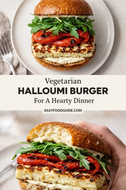halloumi-burger-2 Split-image food graphic: Top shows a vegetarian halloumi burger on a white plate — sesame bun, arugula, charred red peppers, grilled halloumi, and aioli. Fork rests beside it. Bottom: hand holds half the burger, revealing fluffy bun interior and layered ingredients. Center text reads: “Vegetarian HALLOUMI BURGER For A Hearty Dinner EASYFOODGUIDE.COM” in black serif font on cream banner. Clean, bright styling emphasizes texture and freshness.