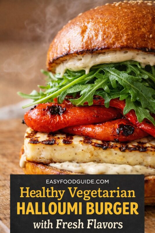 halloumi-burger-3 A steaming, close-up shot of a vegetarian halloumi burger on a wooden surface: golden sesame bun, creamy herb aioli oozing out, fresh peppery arugula, glossy charred red peppers, and thick grilled halloumi with dark grill marks. Text overlay at bottom reads “EASYFOODGUIDE.COM Healthy Vegetarian HALLOUMI BURGER with Fresh Flavors” — yellow and white fonts on black banner. Warm lighting highlights textures and steam rising from the hot sandwich.