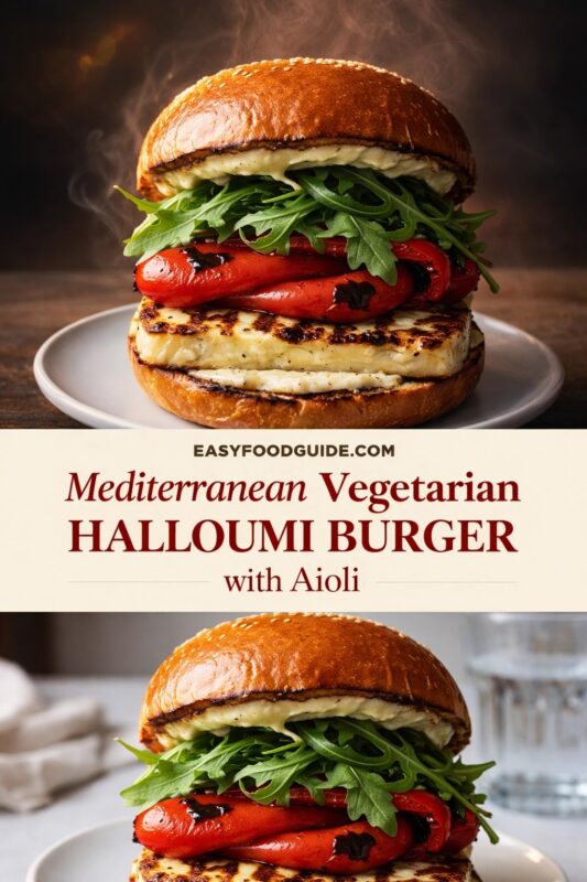 halloumi-burger-4 Split-image graphic: Top shows a steaming Mediterranean vegetarian halloumi burger on a white plate — sesame bun, melted aioli, fresh arugula, charred red peppers, and grilled halloumi with dark marks. Bottom offers a closer angle of the same burger beside a water glass. Center text reads: “EASYFOODGUIDE.COM Mediterranean Vegetarian HALLOUMI BURGER with Aioli” in elegant maroon serif font on cream banner. Warm, dramatic lighting enhances steam and textures for appetizing appeal.