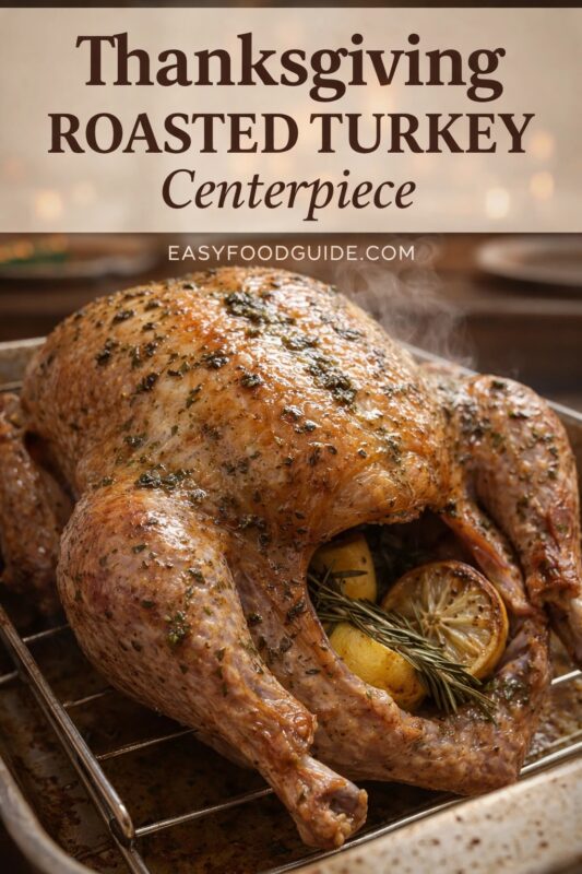 Steaming whole roasted turkey on a metal rack in a roasting pan — golden-brown, herb-speckled skin glistening with juices. Cavity stuffed with lemon slices and fresh rosemary sprigs. Soft bokeh background suggests warm holiday table setting. Text overlay: “Thanksgiving ROASTED TURKEY Centerpiece” + “EASYFOODGUIDE.COM” in elegant brown font at top. Inviting, festive, centerpiece-ready presentation.