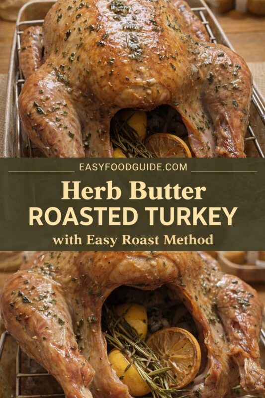Top & bottom: Golden-brown herb butter roasted turkey on wire rack in roasting pan — skin glistening, flecked with chopped herbs. Cavity stuffed with lemon slices and fresh rosemary sprigs. Text overlay: “EASYFOODGUIDE.COM” above “Herb Butter ROASTED TURKEY with Easy Roast Method” in cream font on olive banner. Warm kitchen lighting; rustic wooden background. Emphasizes juicy, aromatic, approachable holiday centerpiece.