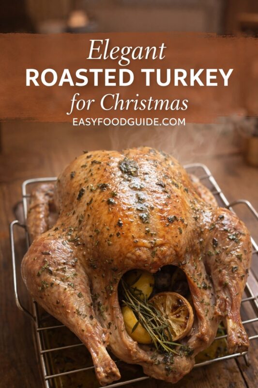 Steaming whole roasted turkey on a metal rack — golden-brown, herb-glossed skin with visible thyme and rosemary. Cavity stuffed with charred lemon halves and fresh rosemary sprigs. Warm wooden background suggests cozy holiday setting. Text overlay: “Elegant ROASTED TURKEY for Christmas” + “EASYFOODGUIDE.COM” in white on rustic brown banner at top. Festive, aromatic, centerpiece-ready; steam implies freshly carved warmth.
