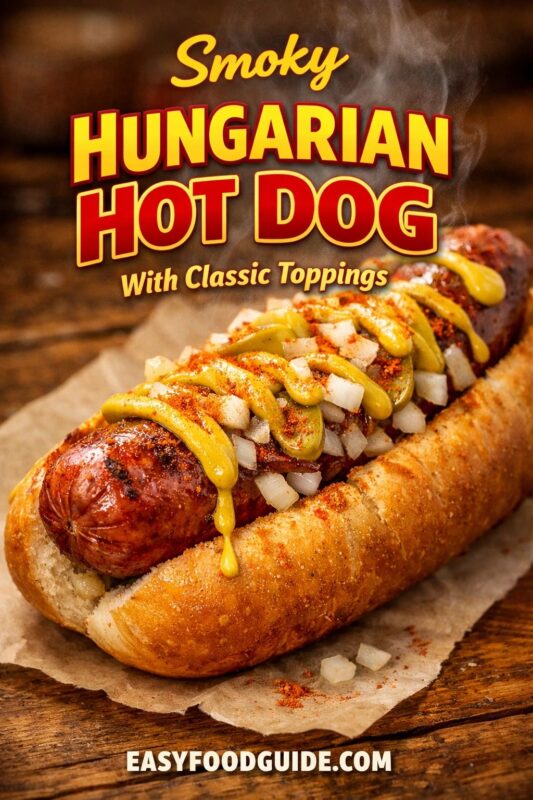 Smoky Hungarian hot dog: grilled sausage in crusty bun, topped with mustard, diced onions, pickled peppers, and paprika. Steam rises over rustic wood table. Text: “Smoky Hungarian Hot Dog – With Classic Toppings” + EASYFOODGUIDE.COM. Bold, savory street food presentation.