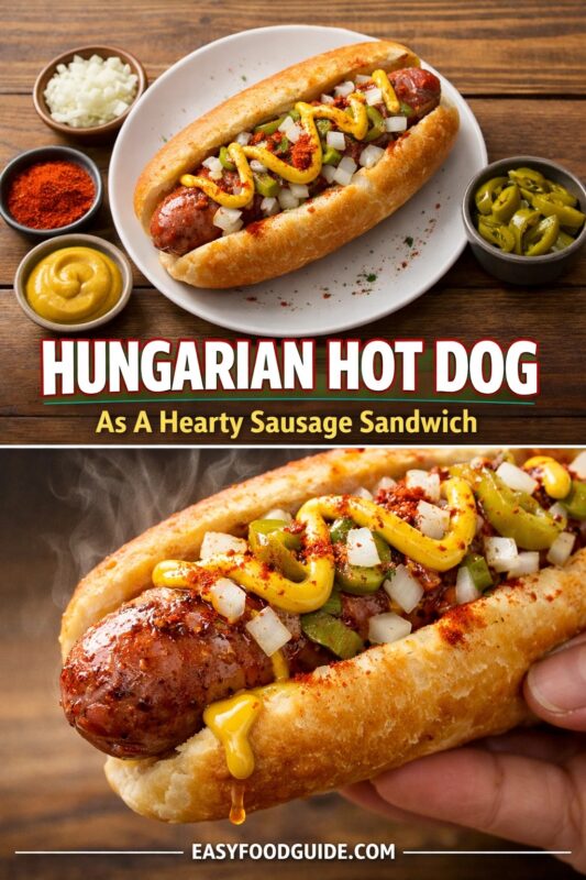 Two images of Hungarian hot dog: top shows plated sandwich with side bowls of onions, paprika, mustard, and pickled peppers; bottom features hand holding steaming version dripping with mustard. Text: “Hungarian Hot Dog – As A Hearty Sausage Sandwich” + EASYFOODGUIDE.COM. Rustic wood table, bold toppings, satisfying street food vibe.