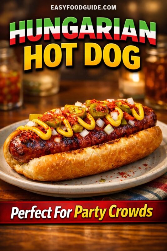 Hungarian hot dog on a speckled plate: grilled sausage in toasted bun, topped with mustard, pickled peppers, diced onions, and paprika. Text features Hungarian flag colors in “HUNGARIAN,” plus “Perfect For Party Crowds” + EASYFOODGUIDE.COM. Warm background with jars and candle — festive, crowd-pleasing snack.
