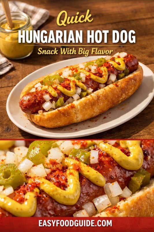 Two images of quick Hungarian hot dog: top shows full sandwich on white plate with mustard jar nearby; bottom is close-up of toppings—mustard, pickled peppers, onions, paprika. Text: “Quick Hungarian Hot Dog – Snack With Big Flavor” + EASYFOODGUIDE.COM. Rustic wood table, bold colors, flavorful street food appeal.