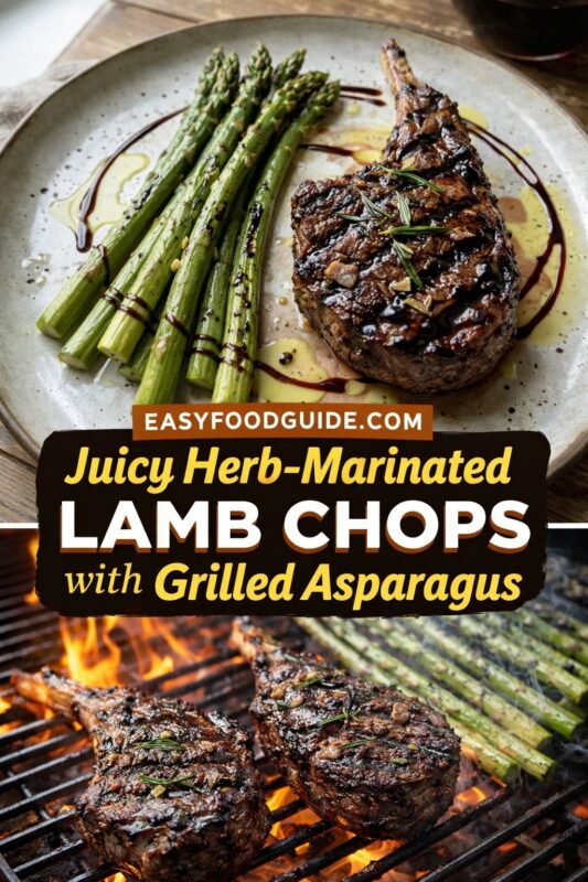 Juicy Herb-Marinated Lamb Chops with Grilled Asparagus: top image shows plated dish — seared lamb chop glazed with balsamic drizzle, rosemary sprigs, and golden oil, beside char-kissed asparagus spears on speckled ceramic plate. Bottom image captures chops sizzling over open flames on grill grate alongside asparagus, smoke rising. Text: “Juicy Herb-Marinated LAMB CHOPS – with Grilled Asparagus” + EASYFOODGUIDE.COM. Elegant, smoky, herb-infused meal perfect for spring dinners or outdoor entertaining.