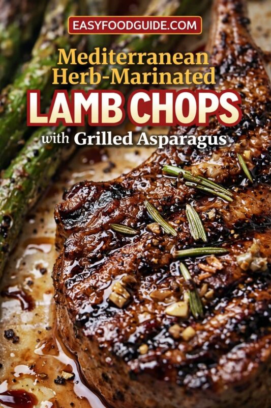 Mediterranean Herb-Marinated Lamb Chops with Grilled Asparagus: close-up of glistening, deeply seared lamb chop adorned with fresh rosemary sprigs, minced garlic, and glossy herb-infused glaze. Charred asparagus spears peek from the side; rich juices pool beneath. Text: “Mediterranean Herb-Marinated LAMB CHOPS – with Grilled Asparagus” + EASYFOODGUIDE.COM. Bold, aromatic, restaurant-quality dish — perfect for spring grilling or elegant weeknight dinners with a touch of the Mediterranean coast.