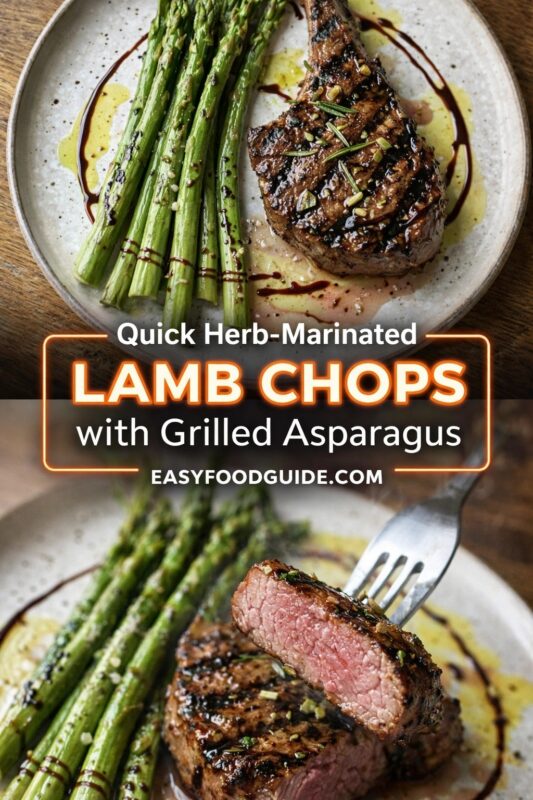 Quick Herb-Marinated Lamb Chops with Grilled Asparagus: two elegant plates — top shows whole seared chop beside vibrant green asparagus, drizzled with balsamic and olive oil; bottom features fork lifting a juicy, pink-centered slice revealing perfect doneness. Text in glowing orange frame: “Quick Herb-Marinated LAMB CHOPS – with Grilled Asparagus” + EASYFOODGUIDE.COM. Rustic wood table, artisanal ceramic plates — fast yet sophisticated dinner ideal for spring evenings or impressing guests without the fuss.