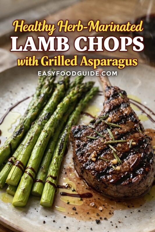Healthy Herb-Marinated Lamb Chops with Grilled Asparagus: beautifully plated on rustic ceramic dish — seared lamb chop glistening with herb-infused glaze, rosemary sprigs, and cracked pepper; beside it, char-kissed asparagus spears drizzled with balsamic reduction and olive oil. Steam rises subtly; warm natural lighting enhances textures. Text: “Healthy Herb-Marinated LAMB CHOPS – with Grilled Asparagus” + EASYFOODGUIDE.COM. Nutrient-rich, flavor-packed meal perfect for clean eating, spring grilling, or elegant weeknight dinners that nourish and delight.