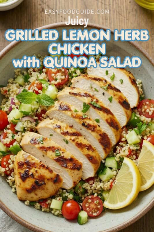 Juicy grilled lemon herb chicken with quinoa salad: sliced, char-marked breast atop vibrant mix of fluffy quinoa, cherry tomatoes, cucumber, red onion, and fresh mint — garnished with lemon wedges in a rustic ceramic bowl. Text: “Juicy GRILLED LEMON HERB CHICKEN with QUINOA SALAD” + EASYFOODGUIDE.COM. Warm wood table, natural lighting — bright, healthy, protein-packed meal perfect for lunch or light dinner.