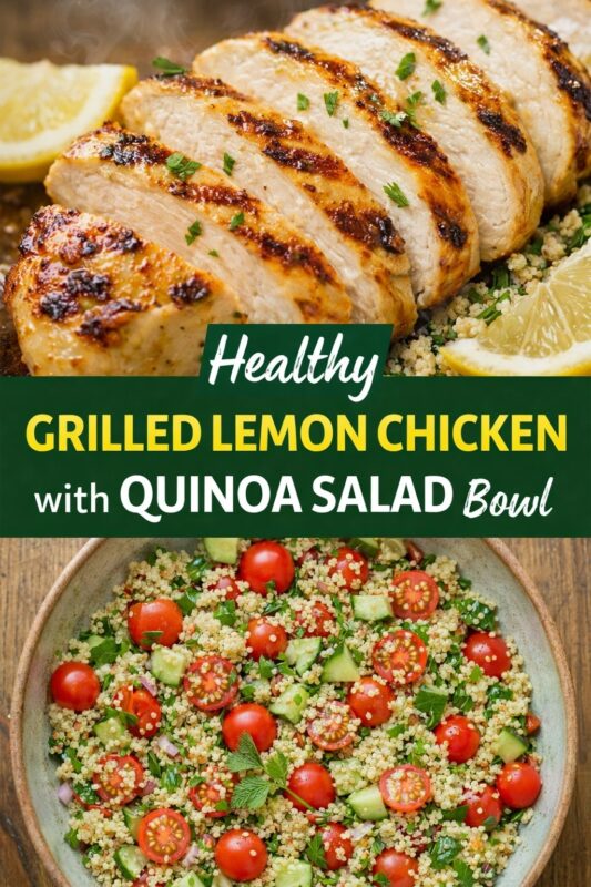 Two images of healthy grilled lemon chicken with quinoa salad bowl: top shows sliced, char-marked chicken breast over fluffy quinoa with lemon wedges; bottom features vibrant salad mix—cherry tomatoes, cucumber, parsley—in a rustic bowl. Text: “Healthy Grilled Lemon Chicken with Quinoa Salad Bowl.” Fresh, balanced, nutrient-rich meal on warm wood surface.