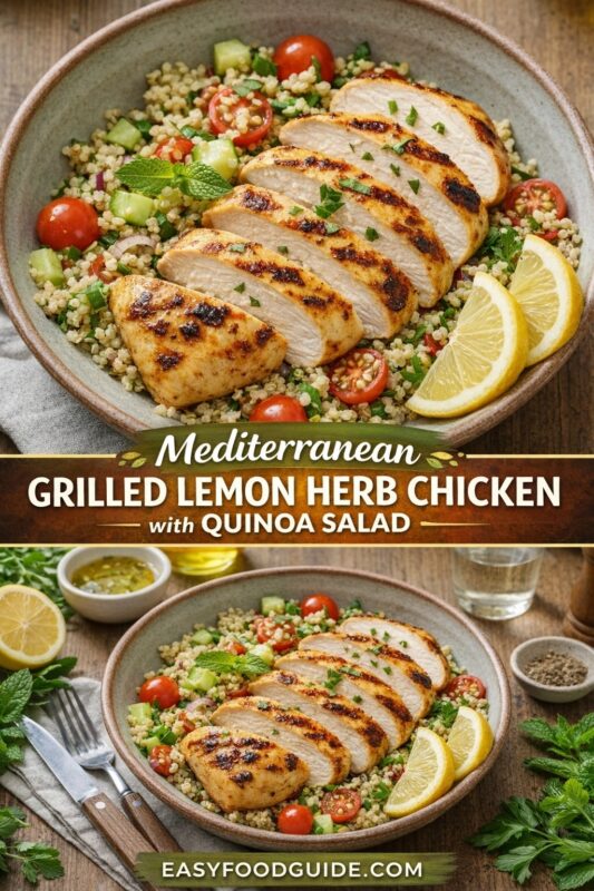 Two images of Mediterranean grilled lemon herb chicken with quinoa salad: top shows sliced chicken over fresh quinoa mix with tomatoes, cucumber, mint, and lemon wedges; bottom features full bowl setting with dressing, herbs, cutlery, and glass of water. Text: “Mediterranean Grilled Lemon Herb Chicken with Quinoa Salad” + EASYFOODGUIDE.COM. Bright, zesty, balanced meal — perfect for healthy lunches or light dinners.