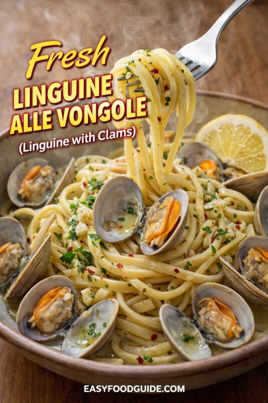 Steaming bowl of linguine alle vongole: tender clams in shells, garlic-parsley sauce, lemon wedge, fork lifting pasta. Text overlay: “Fresh Linguine Alle Vongole (Linguine with Clams)” + EASYFOODGUIDE.COM. Warm wooden background.