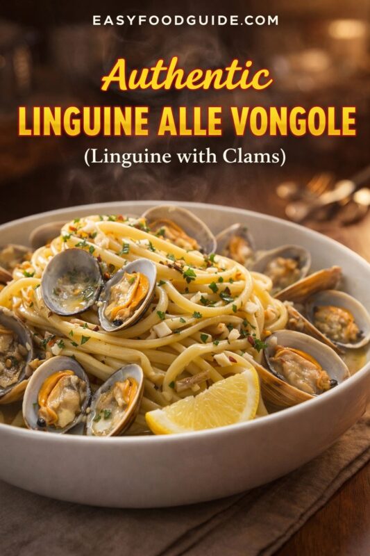 linguine-alle-vongole-3 Steaming bowl of authentic linguine alle vongole: clams in shells, garlic, parsley, lemon wedge. Text overlay: “Authentic Linguine Alle Vongole (Linguine with Clams)” + EASYFOODGUIDE.COM. Warm rustic setting, soft focus background.