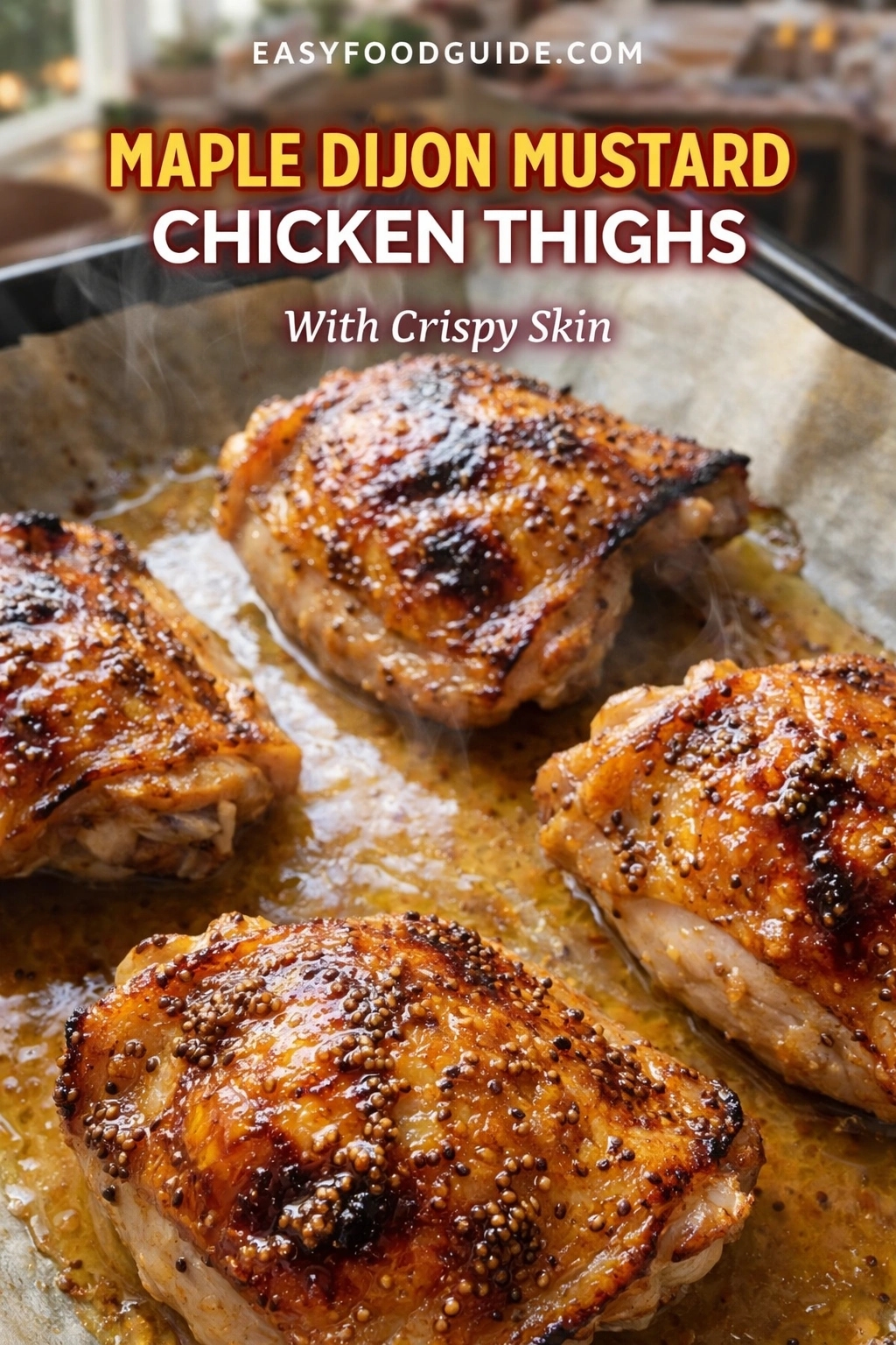 Four maple Dijon mustard chicken thighs with crispy, glazed skin and visible mustard seeds, steaming on a parchment-lined baking sheet. Text: “Maple Dijon Mustard Chicken Thighs – With Crispy Skin” + EASYFOODGUIDE.COM. Golden-brown, savory, appetizing finish.